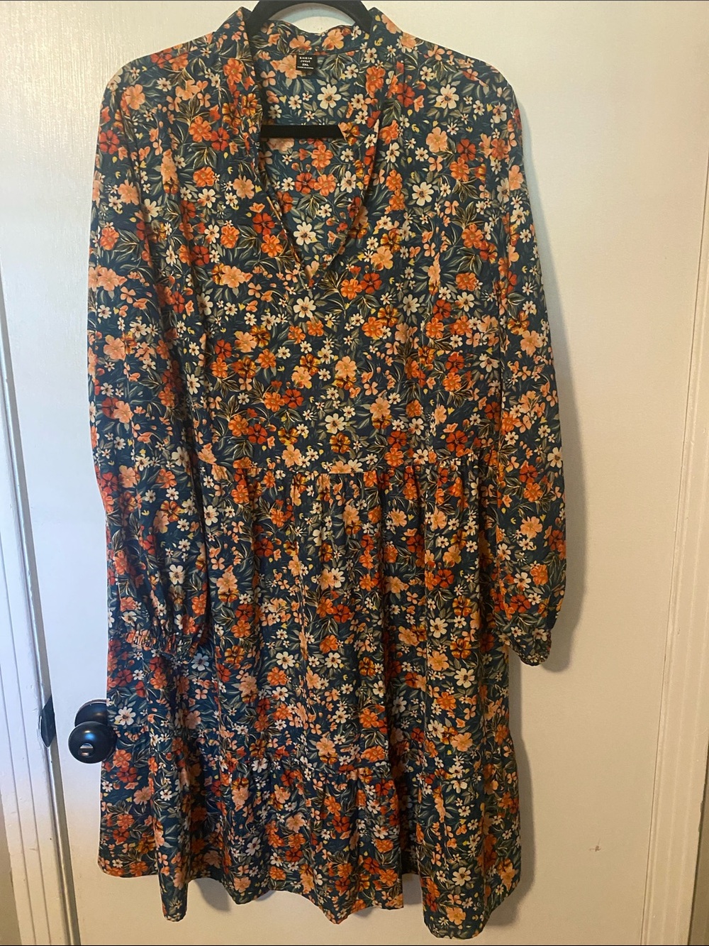 SHEIN CURVE Floral Long Sleeve Tiered Dress - Navy with Orange & Cream Flowers